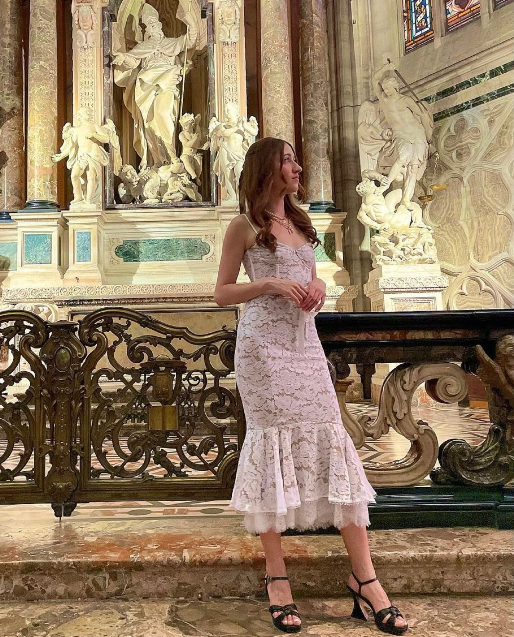 To embody the gothic architecture and aesthetic of the duomo di Milano, I chose to wear a white lace dress, black bow in my hair, a golden Pearl necklace and the most comfortable black platform heels✨

#LTKeurope #LTKshoecrush #LTKtravel
