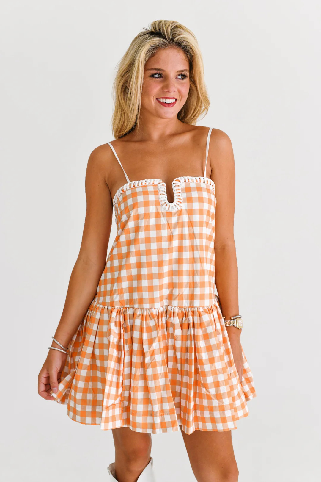 Serena Sweetheart Dress - Orange Gingham | shopfancydboutiqe 