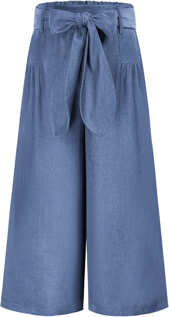 Girls Wide Leg Palazzo Pants Denim Jeans Paperbag Waist Belted Pant with Pockets | Amazon (US)