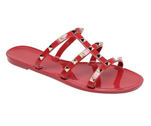 Pajeelo Women Jelly Sandals Flat Studded Shoes for Summer Beach Dressy Red jellies Slide Rivets Strappy Slip On | Amazon (US)