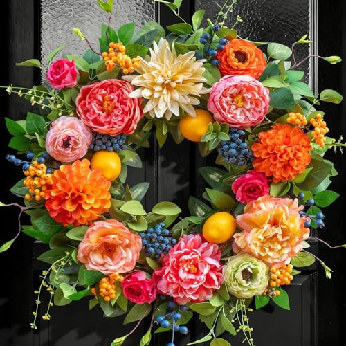 Amazon.com: Spring Wreaths for Front Door Outside,24 Inch Summer Wreath with Peony, Dahlia, Hydra... | Amazon (US)