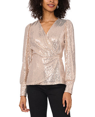 Vince Camuto Women's Sequined Faux-Wrap Long-Sleeve Top - Macy's | Macy's