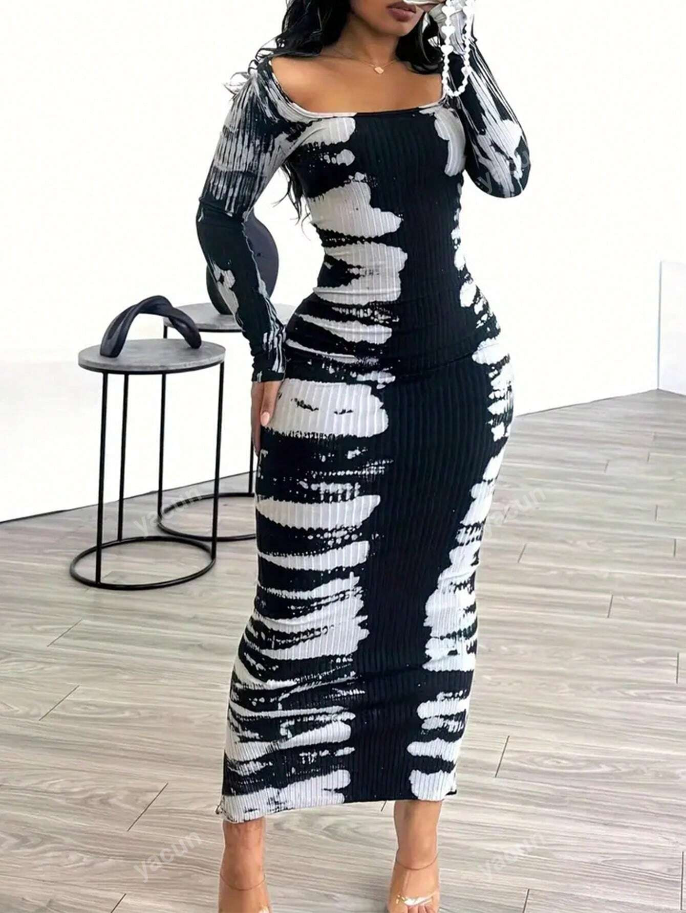 Elegant Long Sleeve Tie-Dye Contrast Color Print Bodycon Ankle-Length Dress For Women | SHEIN