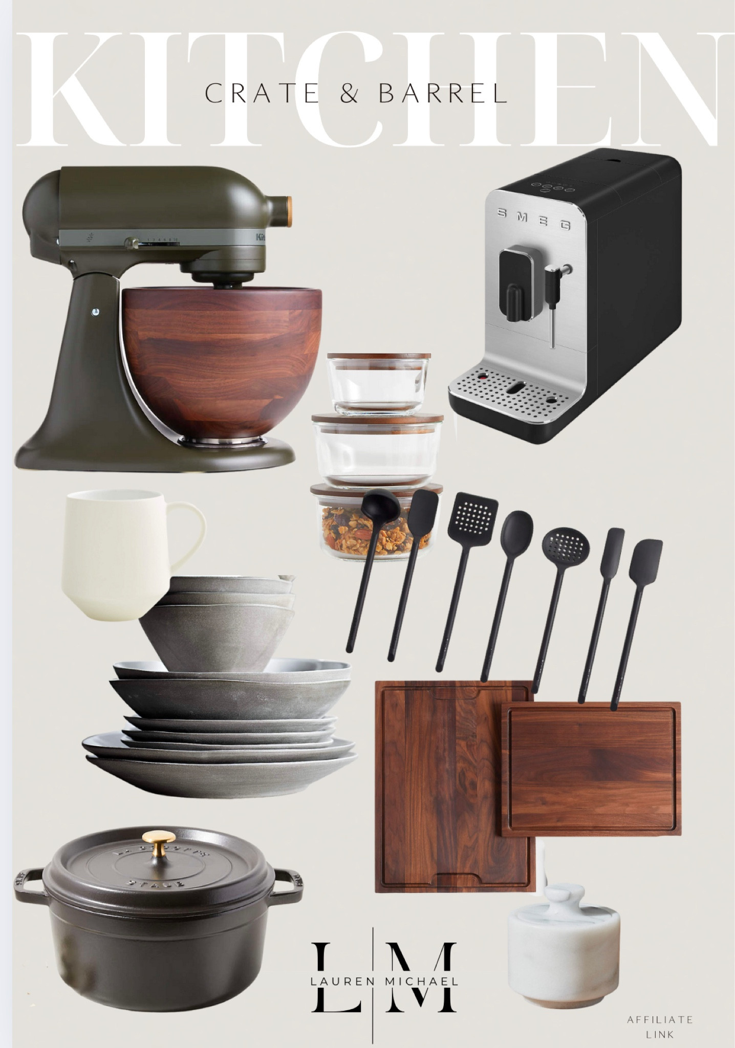 kitchen must have items from crate and barrel | espresso machine, kitchen aid mixer, plates and bowls, coffee mug, cutting board, charcuterie board, kitchen utensils, kitchen staples, crock pot, dutch oven, aesthetic kitchen utensils, cozy kitchen. 

#LTKHome #LTKHoliday #LTKGiftGuide