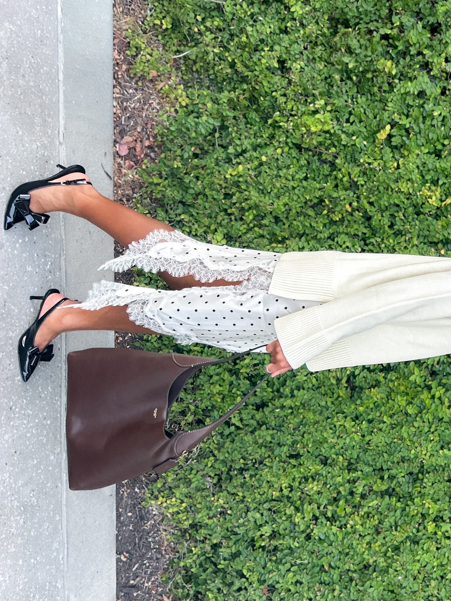 Polka Slip Dress paired with a chunky sweater and kitten heels! 
