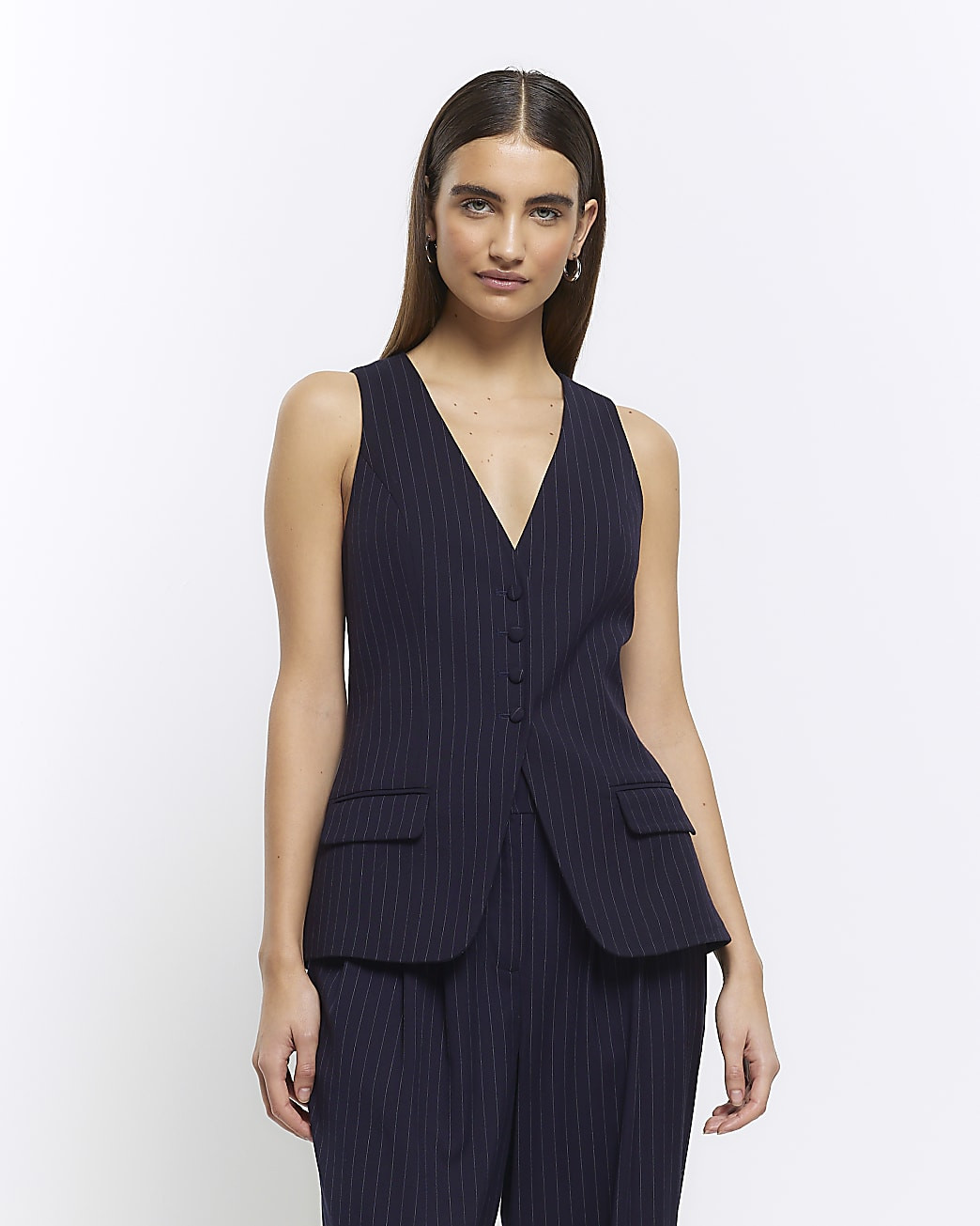 Navy Stripe Longline Waistcoat | River Island (UK & IE)