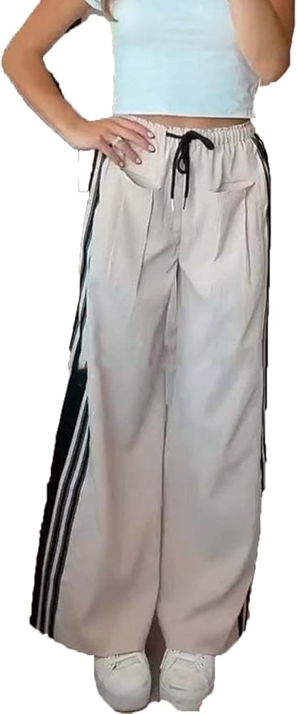Women's Wide Leg Striped Linen Pants Drawstring High Rise Side Slouchy Palazzo Pants with Pockets | Amazon (US)
