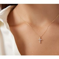 Diamond Cross Necklace, 14K Solid Yellow Gold Minimalist Small Necklace | Etsy (US)