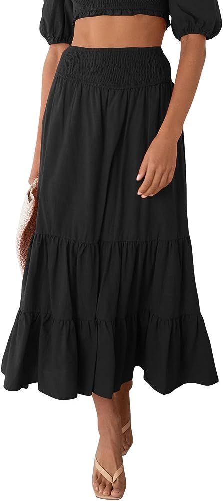 ZROZYL Women's Summer Elastic High Waisted Maxi Skirt A Line Ruffle Flowy Long Skirts with Pockets | Amazon (US)