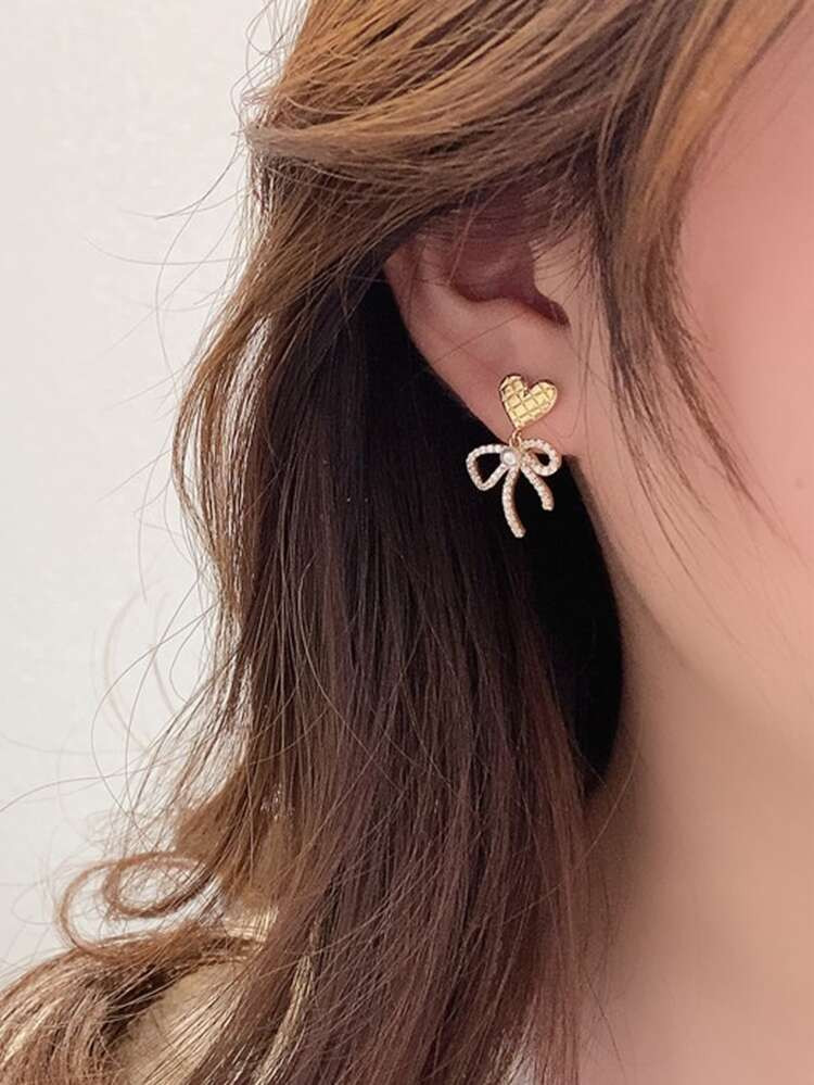 Heart & Rhinestone Bow Drop Earrings | SHEIN