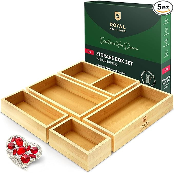 ROYAL CRAFT WOOD Luxury Bamboo Drawer Organizer Storage Box, Bin Set - Multi-Use Drawer Organizer... | Amazon (US)