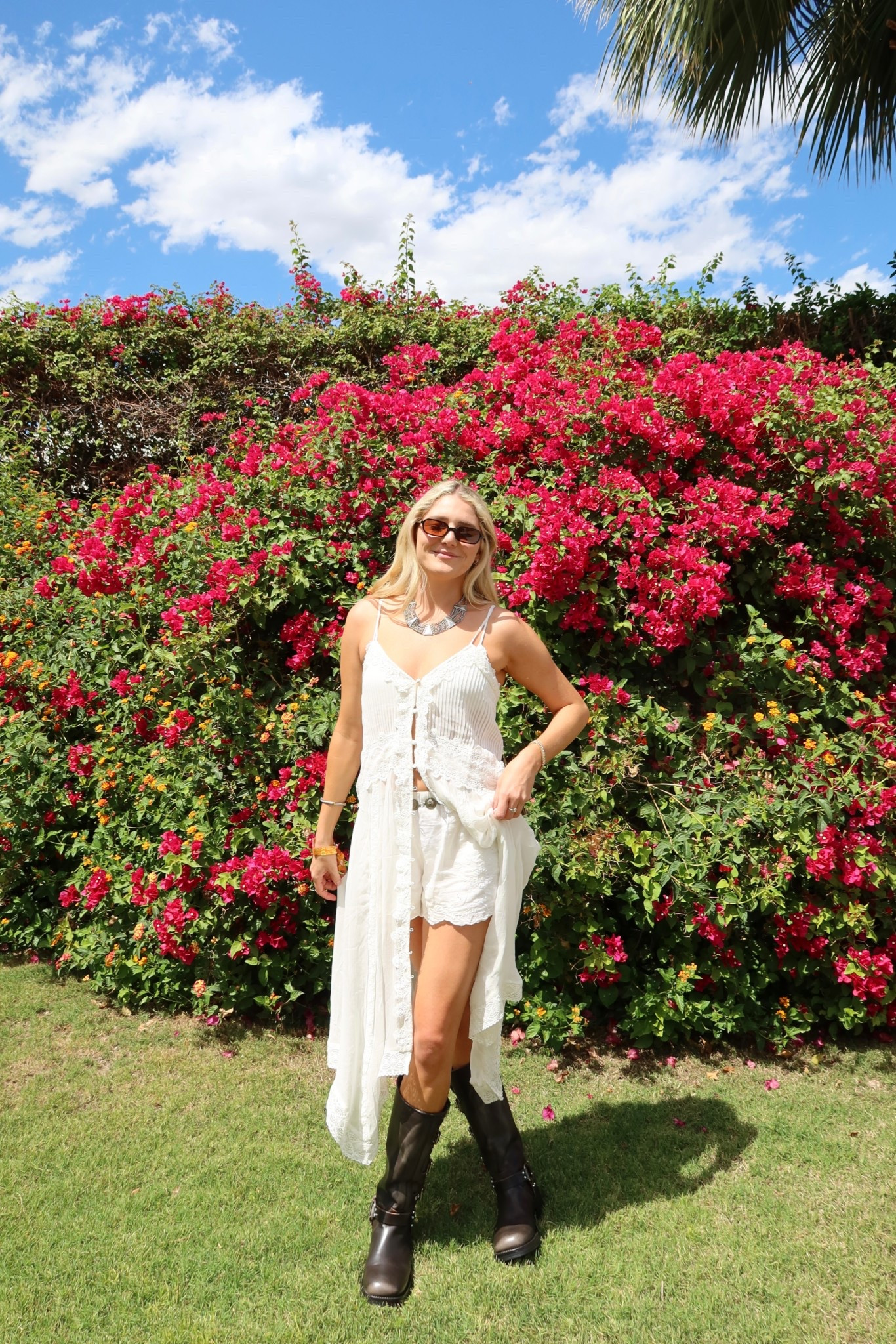 festival outfit inspo, all white outfit, silver accessories, festival boots 