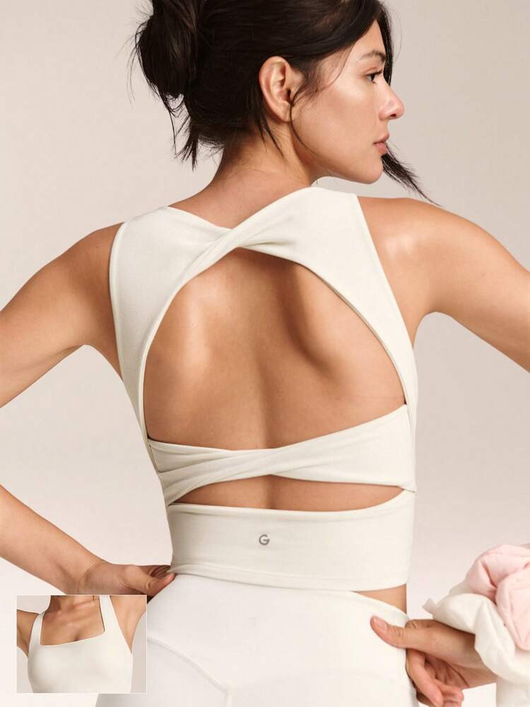 GLOWMODE FeatherFit™ Active Ambition Buttery-Soft Square Neck Twisted Open Back Removable Cups Crop Active Tank Top Low Impact Yoga Studio Daily Wear | SHEIN