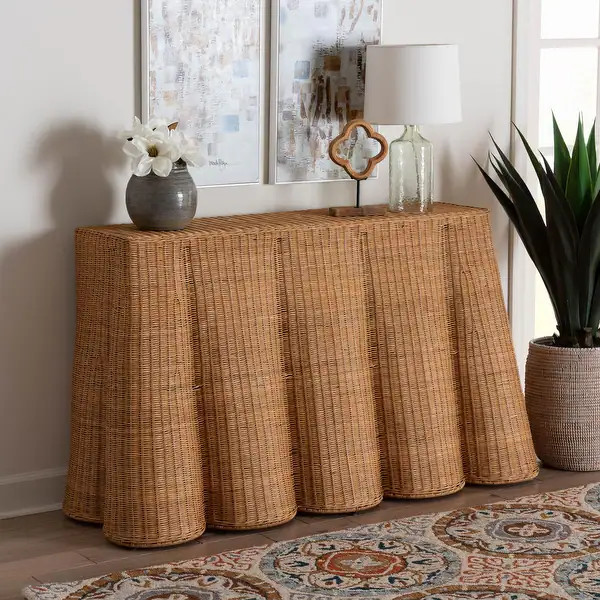 Palm Bohemian Honey Scallop Rattan Console Table | Bed Bath & Beyond