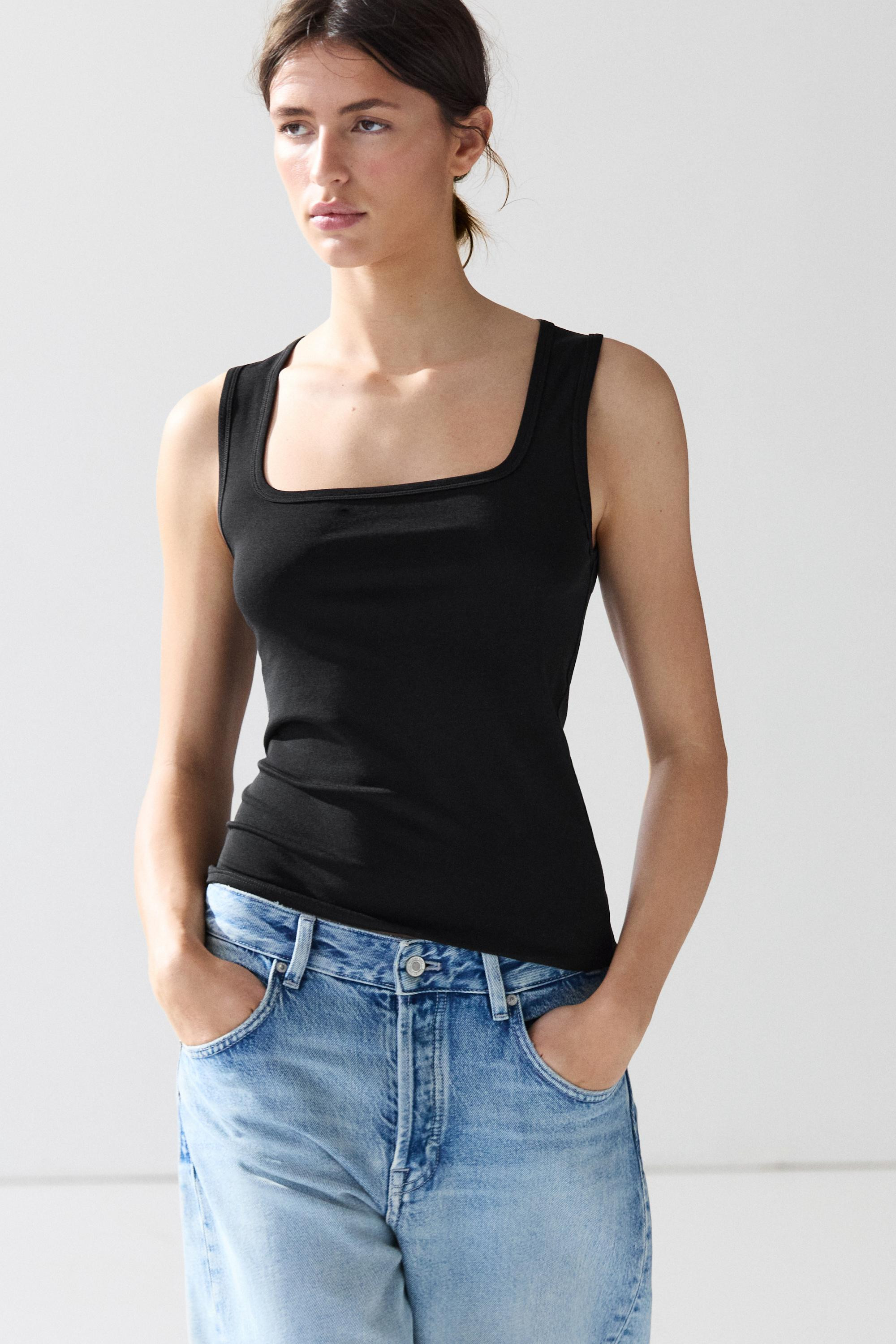Cotton blend square neck top | Massimo Dutti UK