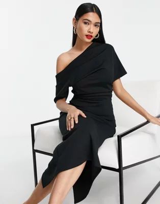 ASOS DESIGN pleated shoulder pencil dress in black | ASOS (Global)