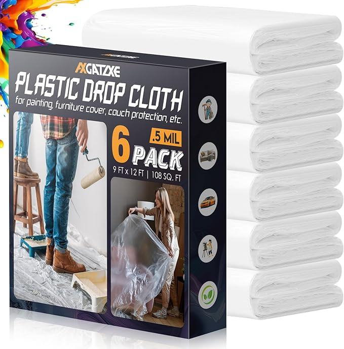 12 x 9 Ft Plastic Drop Cloths (6-Pack) - Disposable Painter's Sheeting & Tarps for Painting, Wate... | Amazon (US)