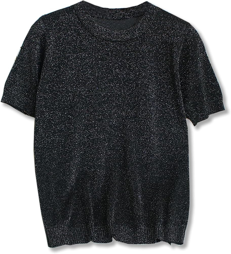 Joe Wenko Women's Glitter Knit Tops Short Sleeve Crewneck Pullover Sweater | Amazon (US)