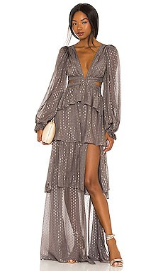 For Love & Lemons X REVOLVE Tiered Ruffle Gown in Grey from Revolve.com | Revolve Clothing (Global)