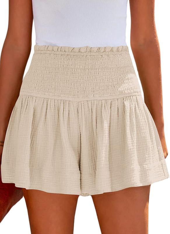 ANGGREK Womens Summer Casual Shorts Loose High Elastic Waisted Pleated Ruffle Beach Shorts Flowy ... | Amazon (US)