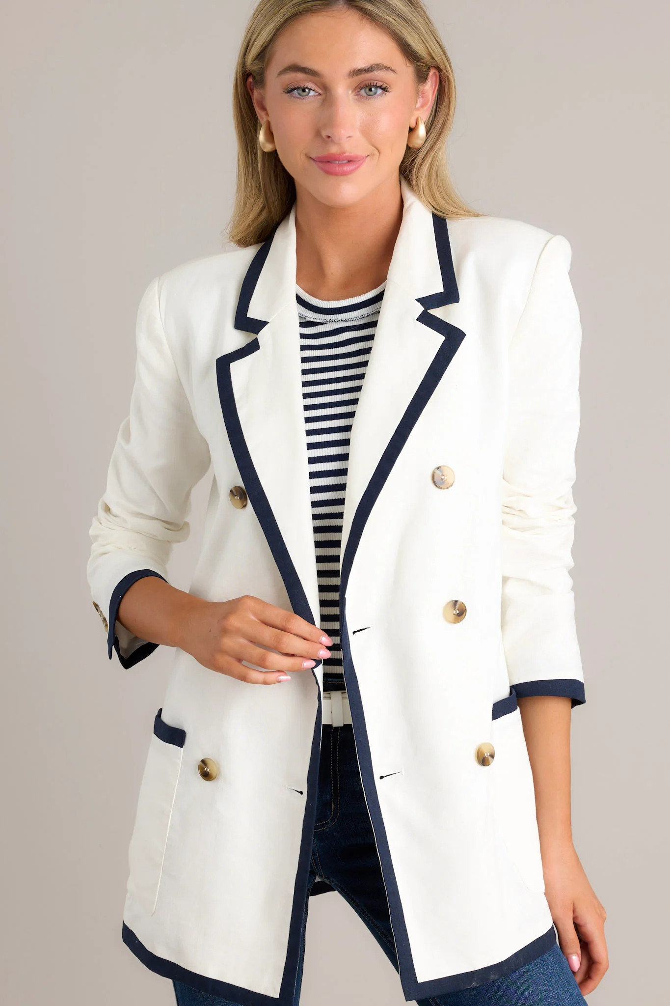 Gleaming Grace White Double Breasted Blazer | Red Dress