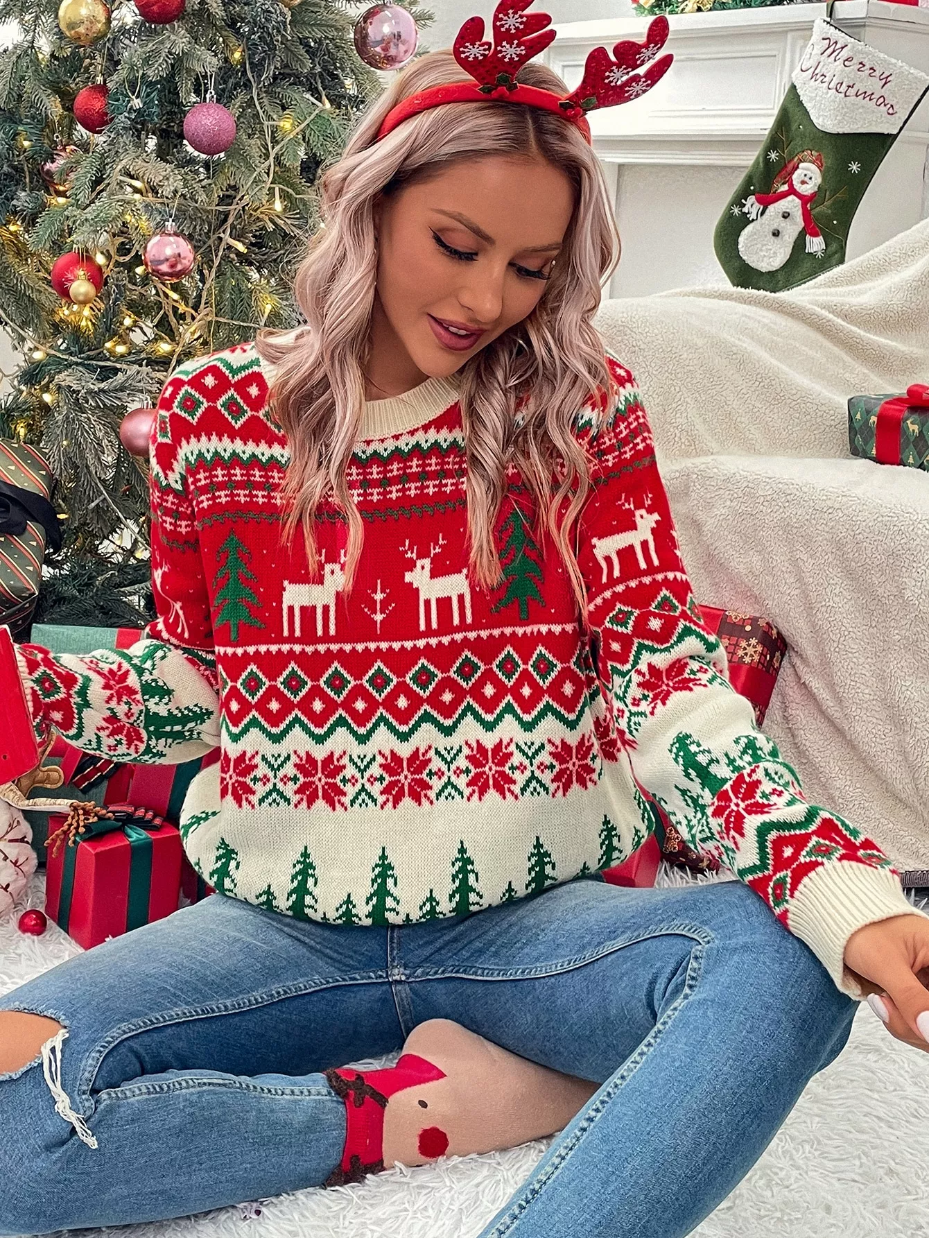SHEIN LUNE Plus Size Christmas Snowman & Snowflake Pattern Sweatshirt