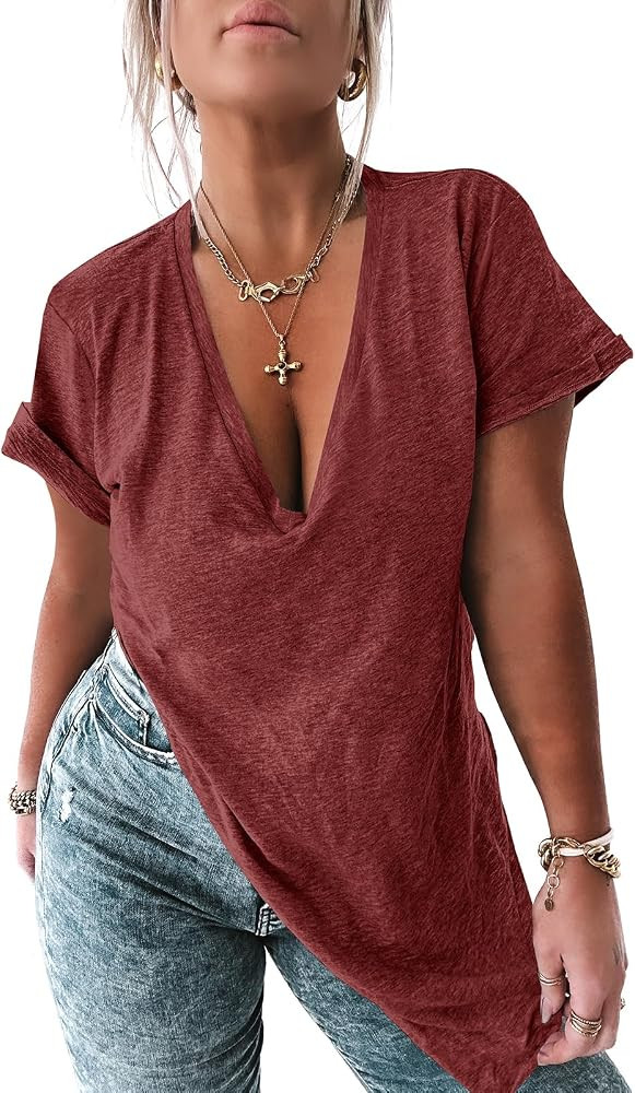 Tankaneo Womens Deep V Neck Short Sleeve T Shirts Summer Oversized Tshirts Casual Loose Fit Tunic... | Amazon (US)
