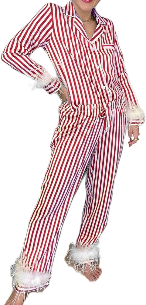 Women Fur Feather Trim Christmas Pajamas Long Sleeve Button-Down Lapel Tops + Pants Satin Silk Lo... | Amazon (US)