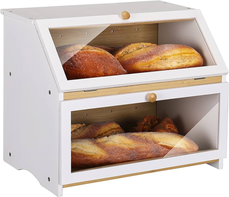 HOMEKOKO Double Layer Large Bread Box for Kitchen Counter, Wooden Large Capacity Bread Storage Bi... | Amazon (US)