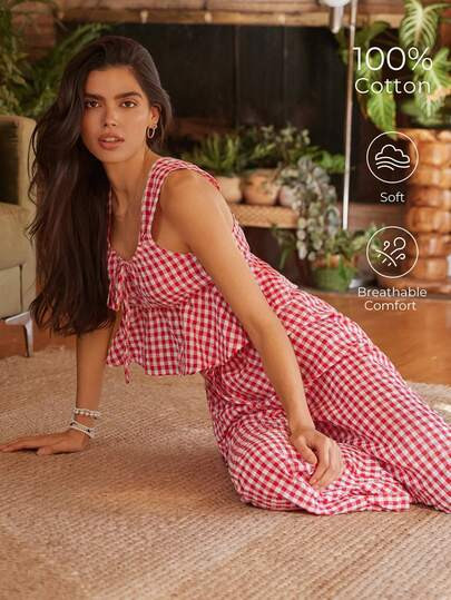 Lullawish Bohemian 100% Cotton Plaid Camisole Women's Pajama Set Gingham Set Sleep Summer Loungewear Women Cotton Night Wear Women Pijama Set For Woman 100 Cotoon Lounge Sets For Women Sleepwear | SHEIN