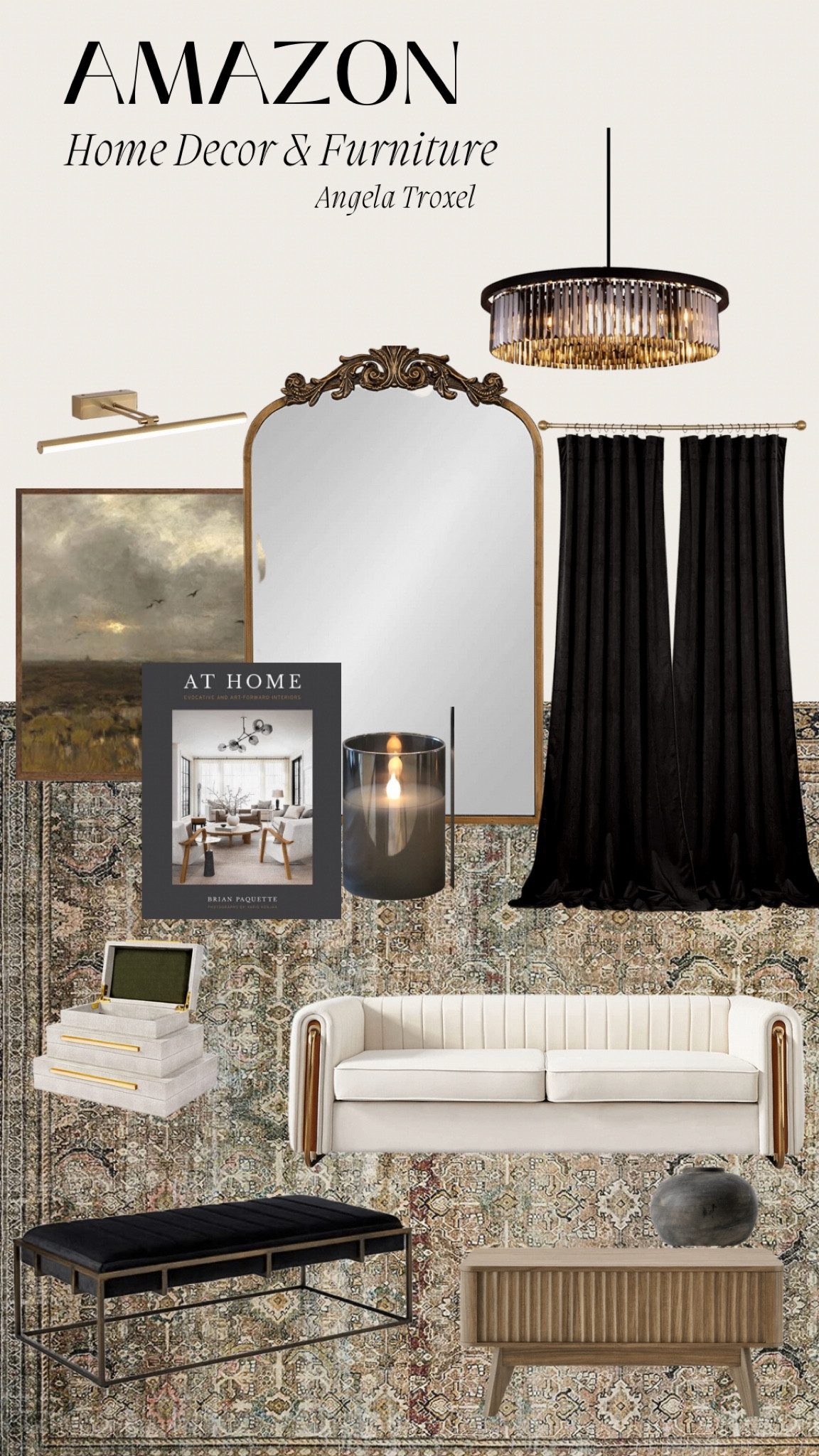 Amazon Moody home decor and furniture. Modern, Scandinavian, transitional furniture. Curtains, couch, mirrors, gold, black, rug, books, chandeliers , bench and coffee table.

#LTKhome #LTKunder100 #LTKsalealert