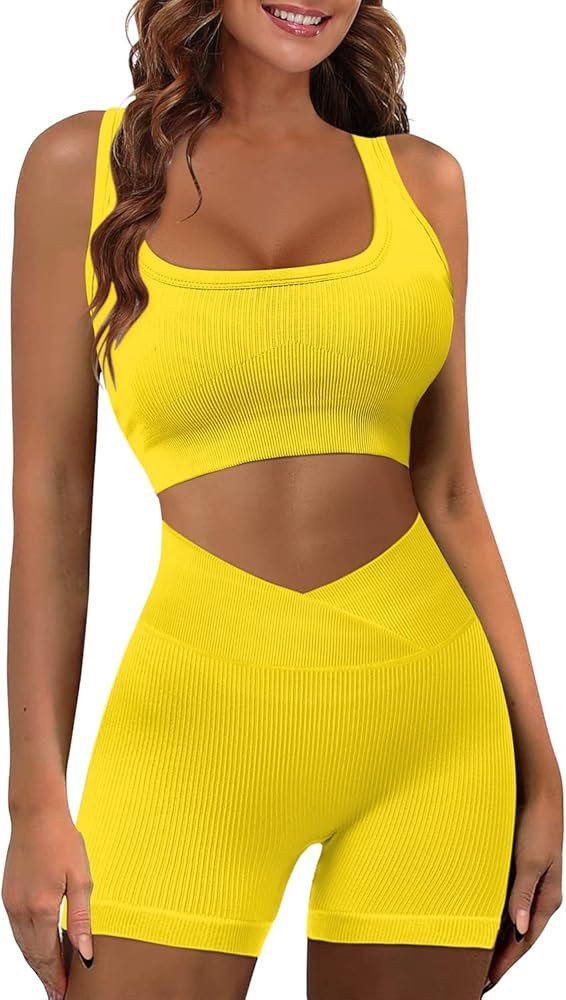 JZC Workout Sets for Women 2 Piece Ribbed Seamless High Waist Shorts Yoga Outfits | Amazon (US)