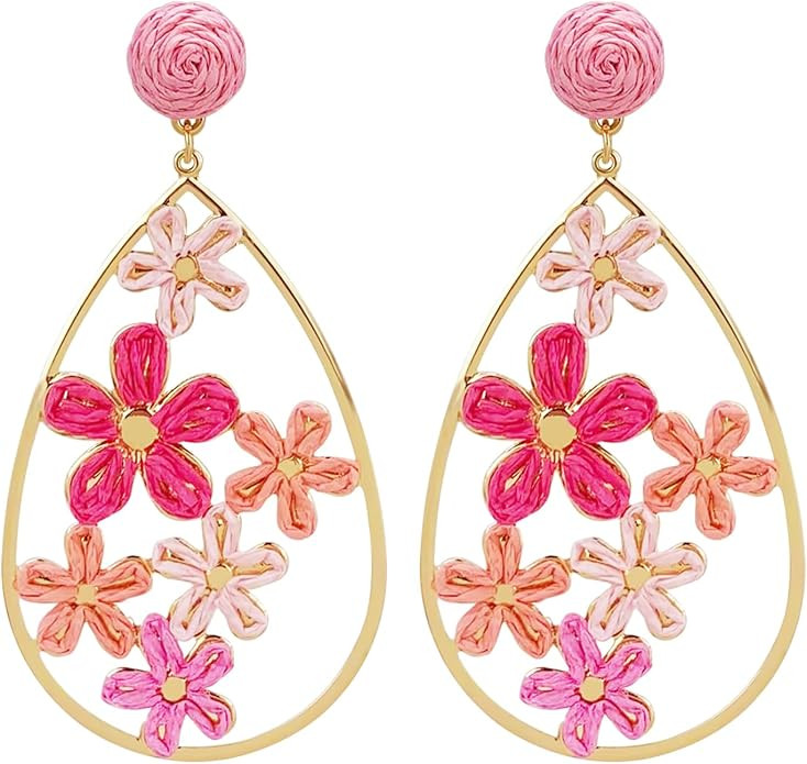 Flower Raffia Earrings for Women Statement Palm Bohemian Drop Dangle Earring Summer Tropical Beac... | Amazon (US)