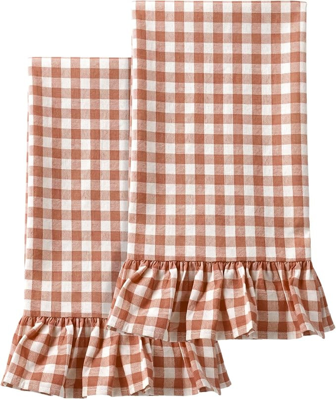 HunnmingRe 2 Pcs Orange Gingham Kitchen Towels Cotton Ruffled | Amazon (US)