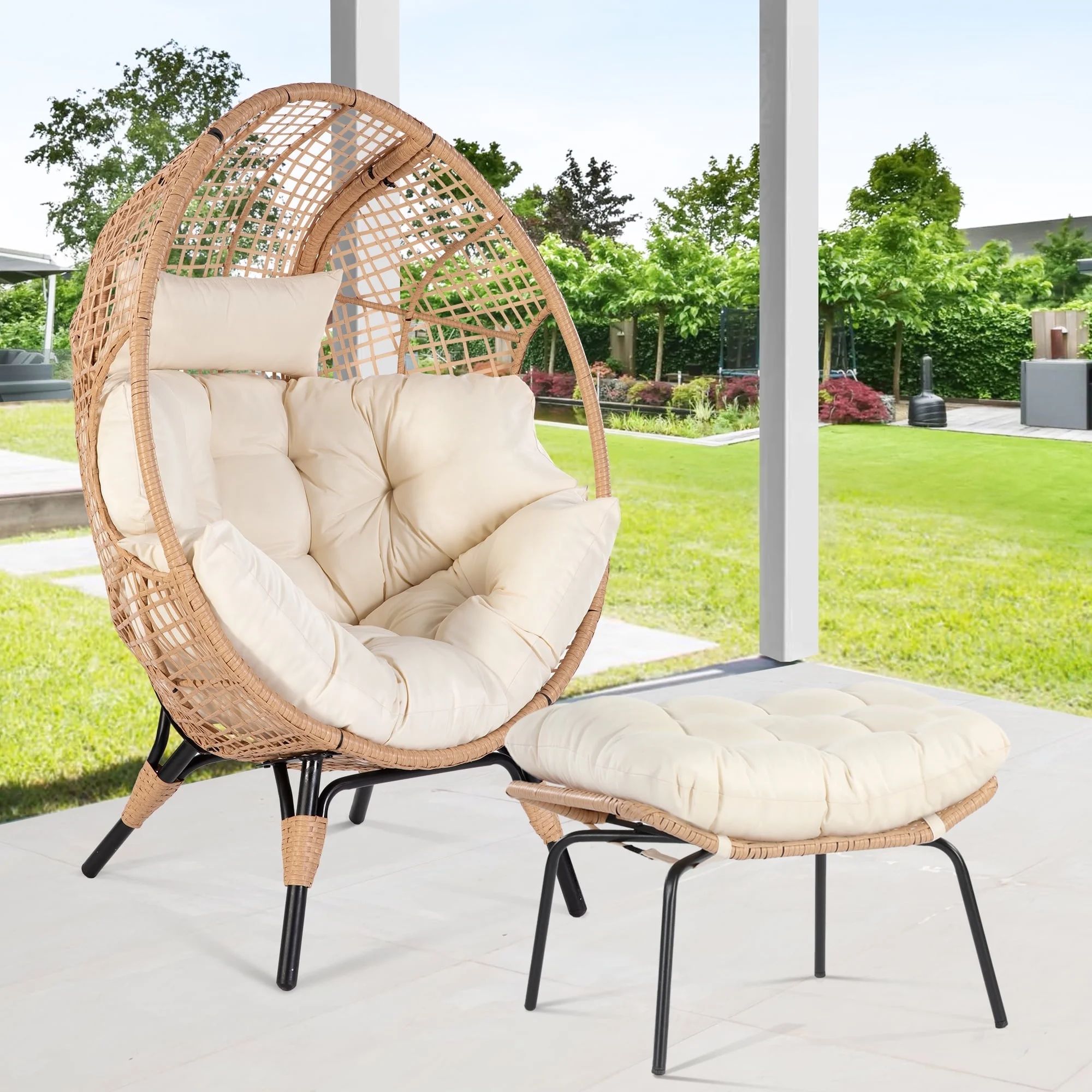 NICESOUL 2 Pieces Egg Chair Outdoor Basket Chairs Wicker Patio Egg Chairs with Ottoman Rattan Tea... | Walmart (US)