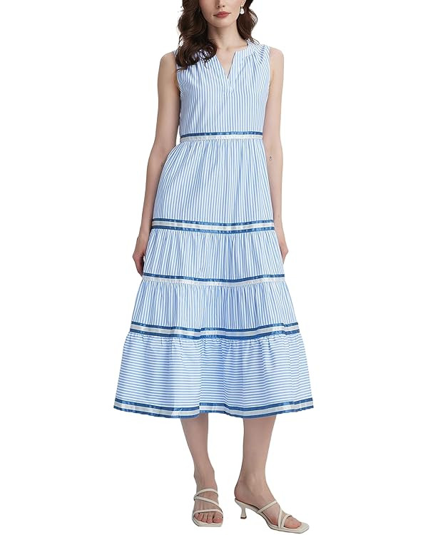 Women's Sleeveless Striped Tiered Maxi Dress Casual V Neck A Line Long Flowy Beach Dress | Amazon (US)