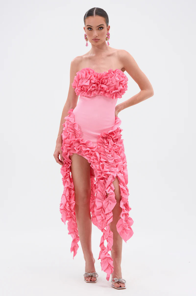 AKIRA City Lights Ruffle Midi Dress In Light | Pink | Size Large | AKIRA