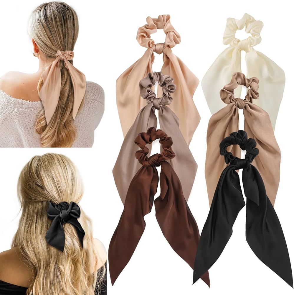 Glaudmeiss 6 PCS Bow Silk Scrunchies, Hair Ties with Bows, Hair Scrunchies for Women Girls, Knott... | Amazon (US)