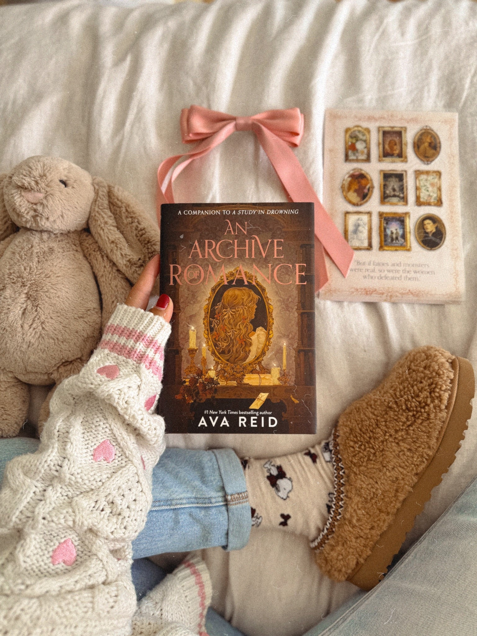 cozy aesthetic - ugg slippers - cozy fantasy book - jellycat bashful bunny - quince duvet