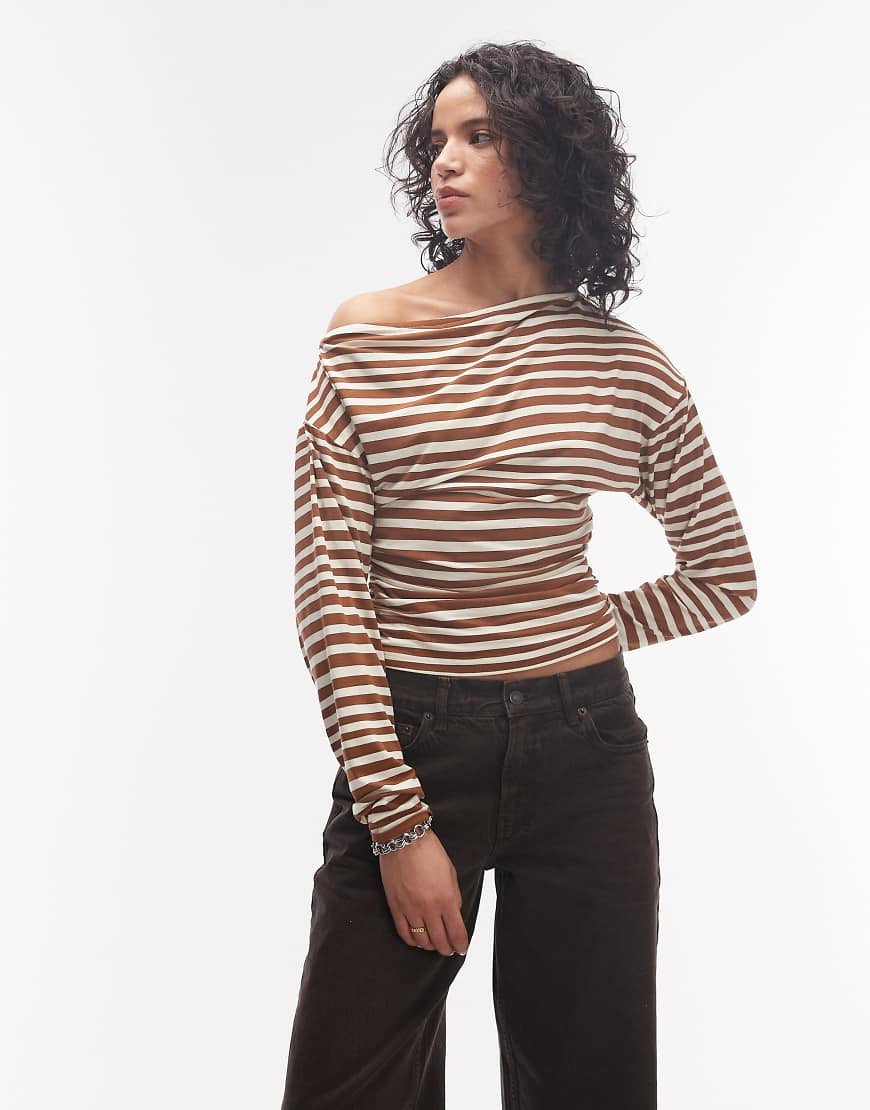 ASOS DESIGN stripe cinched asymmetric long sleeve top in brown and cream stripe-Multi | ASOS (Global)