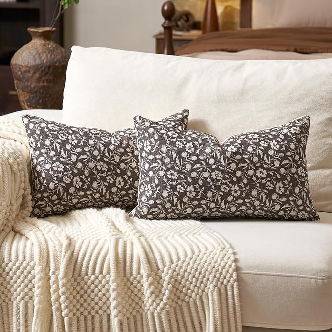 Aeckself Neutral Floral Lumbar Pillow Covers 12x20 Set of 2, Vintage Block Print Throw Pillow Cov... | Amazon (US)