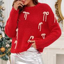 Christmas Bow Bow Long Sleeve Red Sweater Ugly Christmas Sweater Women's Red Knitted Pink Bow Decorated Long Sleeve Crew Neck T-Shirt Winter | SHEIN