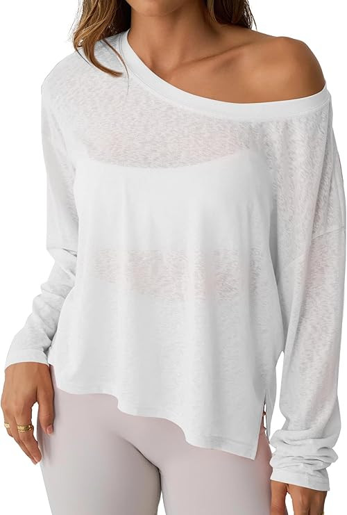 Hilinker Women's Sheer Off The Shoulder Tops Mesh Workout Sexy Long Sleeve T Shirt | Amazon (US)