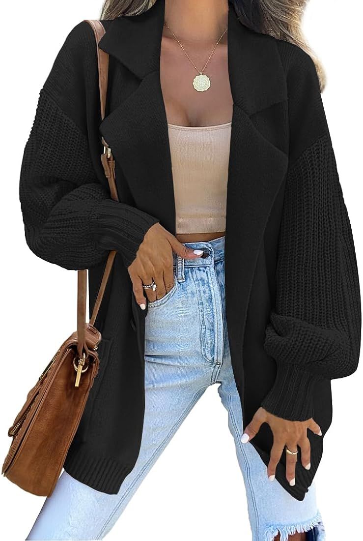 Women's Long Sleeve Open Front Lapel Oversized Knit Cardigan Sweater Coat Outerwear with Pockets | Amazon (US)