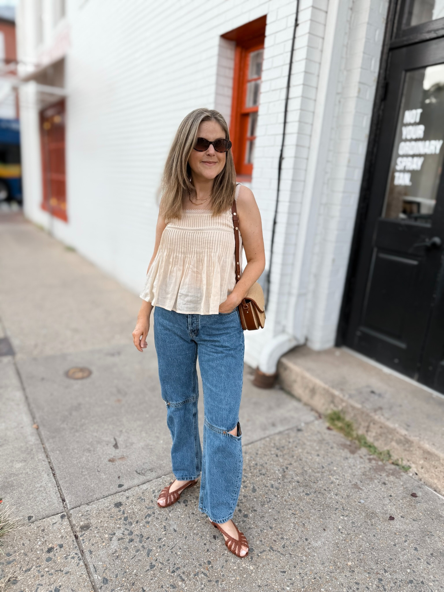 My outfit for a fun ice cream run 🍦 My top is so soft and flowy, and it's under $100. My jeans are exact, they're just a slightly different color. 

 #LTKFindsUnder100 #LTKStyleTip