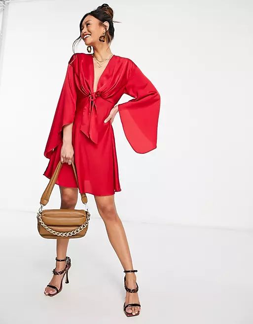 ASOS DESIGN cape sleeve satin mini dress with knot front In Red | ASOS (Global)
