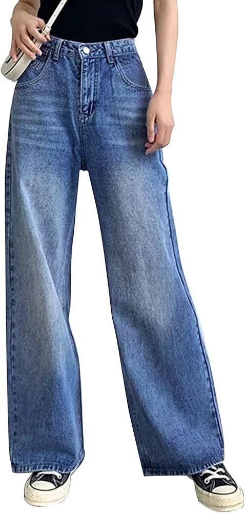 HDLTE Women‘s Wide Stretchy Straight leg Jeans High Waist Baggy Loose Trendy Denim Pants with P... | Amazon (US)