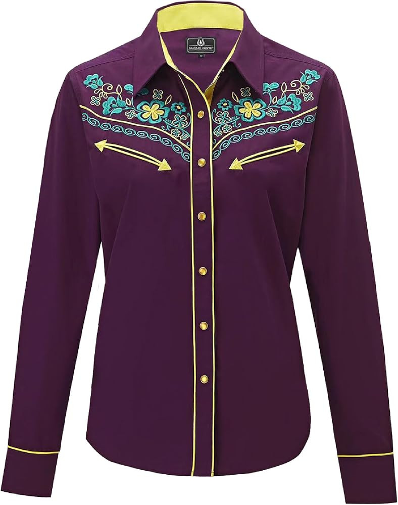Women's Embroidered Western Cowboy Snap Front Long Sleeve Button Down Shirt | Amazon (US)