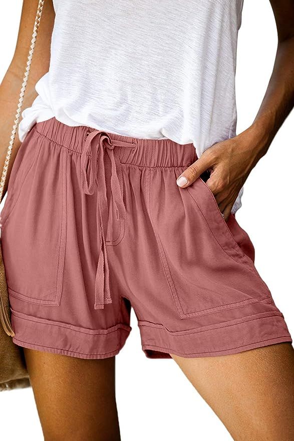 Womens Casual Drawstring Elastic Waist Comfy Summer Pure Color Shorts with Pockets | Amazon (US)