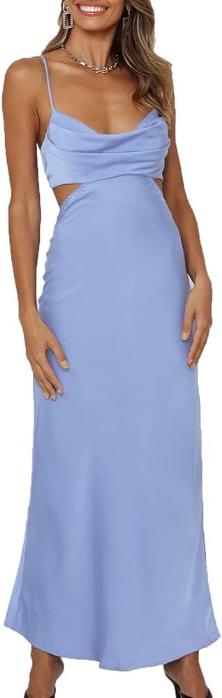 Fiemaoves Satin Silk Slip Backless Maxi Dress for Wedding Guest- Cut Out Cowl Neck Cocktail Long ... | Amazon (US)
